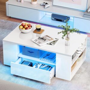YITAHOME Modern Coffee Tables for Living Room, High Gloss LED Coffee Table, Storage Coffee Table, Small Coffee Table, Wood Center Table with 2 Sliding Drawers and Open Side Shelf,White
