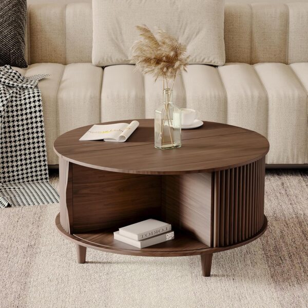 Round Coffee Table with Storage,Mid Century Modern Coffee Table with Sliding Cabinet Door,Coffee Table for Living Room,31.5" Small Center Table (Walnut) - Image 5