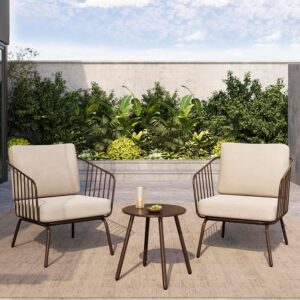 EAST OAK 3-Piece Plaza Patio Furniture Set, Outdoor Furniture with Thick Cushion Sofa and Coffee Table, Outdoor Bistro Set for 2, Small Space, Modern Patio Conversation Set for Balcony, Brown & Beige