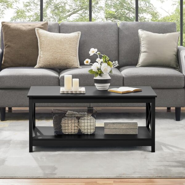 Yaheetech Wood 2-Tier Black Coffee Table with Storage Shelf for Living Room, X Design Accent Cocktail Table, Easy Assembly Home Furniture, 39.5 x 21.5 x 18 Inches - Image 4