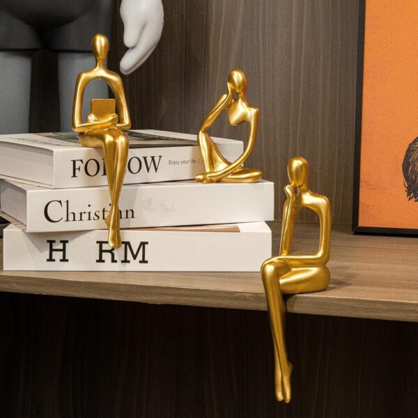 Gold Home Decor Large Thinker Statue Accents, Set of 3 Thinker Sculptures Office Decor Modern Abstract Resin Decoration on Shelf Table Desk for Living Room Office Bedroom - Image 3