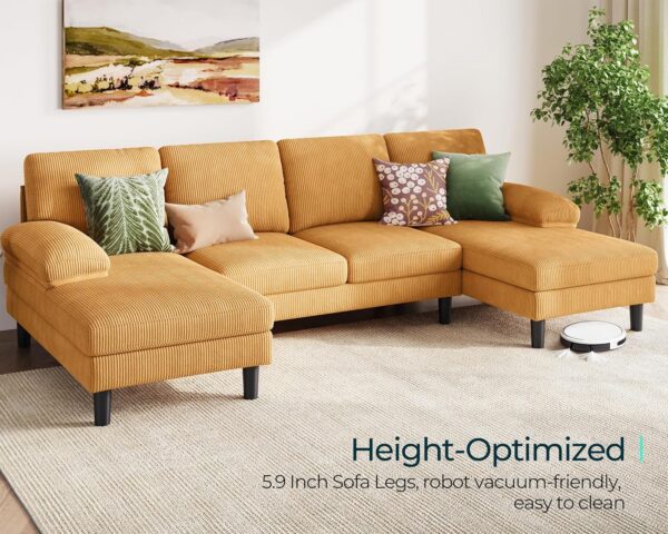 LINSY HOME U Sectional Couch, 111'' W Corduroy Sofa with Sleepable Armrests, 4 Seat Couch with Double Chaises, Deep Sofa for Living Room, Yellow - Image 6