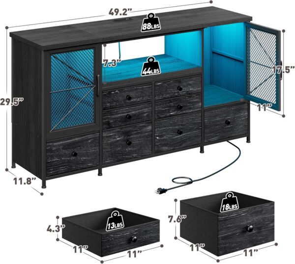 EnHomee Dresser for Bedroom with Power Outlets & LED Lights,Black Dresser for Bedroom with 8 Drawers& 2 Large Cabinet,Mesh Metal Door,60'' TV Stand Bedroom Dresser, Long Dressers & Chest of Drawers - Image 3