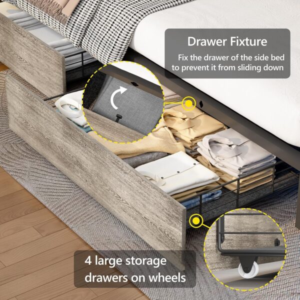 Full Bed Frame with 4 Storage Drawers and Bookcase Headboard, Upholstered Bed Full Size with USB Charging Station & LED Lights, Metal Platform Bed with Storage, No Box Spring Needed, Oak Gray - Image 6