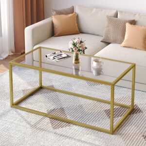 SAYGOER Gold Coffee Table Glass Coffee Tables Modern Rectangular Center Table with Open Space Minimalist for Living Room Home Office, Easy Assembly, 39.37 x 19.69 x 17.72, Gold…