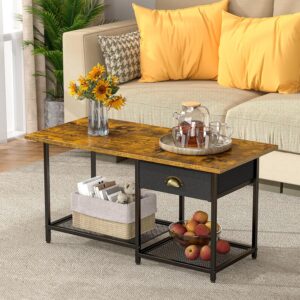 Small Coffee Tables for Living Room with Drawer, 2-Tier Center Small Table for Small Spaces, Farmhouse Simple Table with 2 Wire Mesh Storage Racks, 15.79" D X 33.11" W X 16.81" H