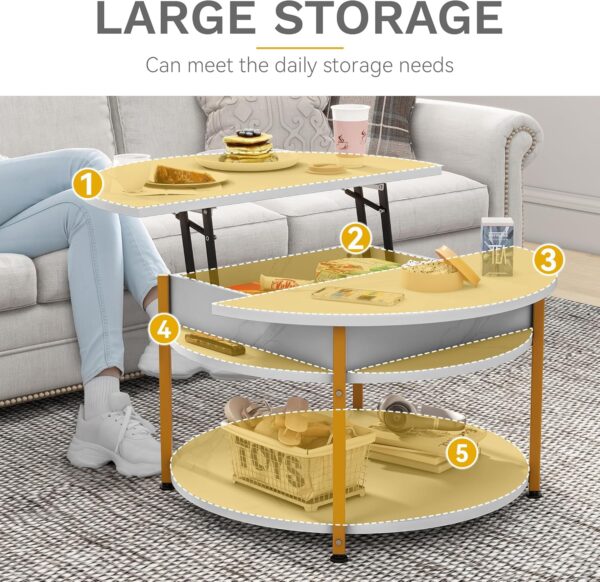 DWVO Round Coffee Table for Living Room, Lift Top Coffee Table with Hidden Compartment, Modern Coffee Table with Storage for Home Office Living Room (Marble White) - Image 3