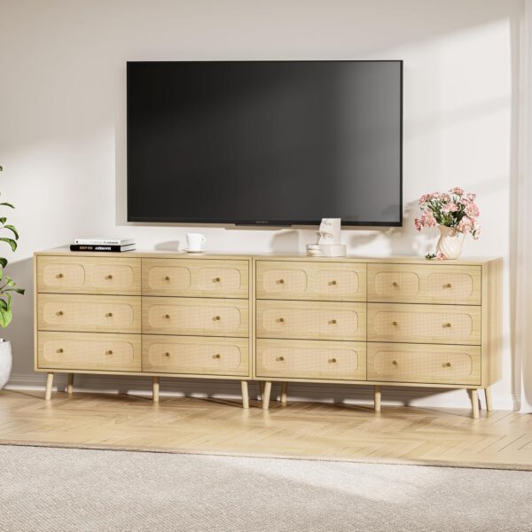 Rattan 6 Drawer Dresser for Bedroom, Wood Boho Double Chest of Drawers with Storage and Gold Handle, Modern Natural Rattan Dresser for Living Room, Hallway, Entryway - Image 3
