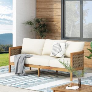 Merax Outdoor Acacia Wood Wicker 3 Seater Sofa, Patio Furniture Conversation Set for Backyard