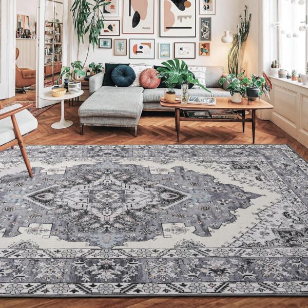 ISEAU Area Rug 6x9 - Rug for Living Room Bedroom Non-Slip Machine Washable Rug, Vintage Rug Low Pile Indoor Floor Distressed Carpet, Accent Rugs for Bedroom Living Room Kitchen Dining Room, Grey - Image 4
