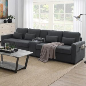 114.2" Modern Sectional Sofa Couch,Upholstered Sofa with Console,2 Cupholders,2 USB Ports Wired or Wirelessly Charged,Linen Fabric Couches with 4 Pillows for Living Room,Apartment,Dark Gray