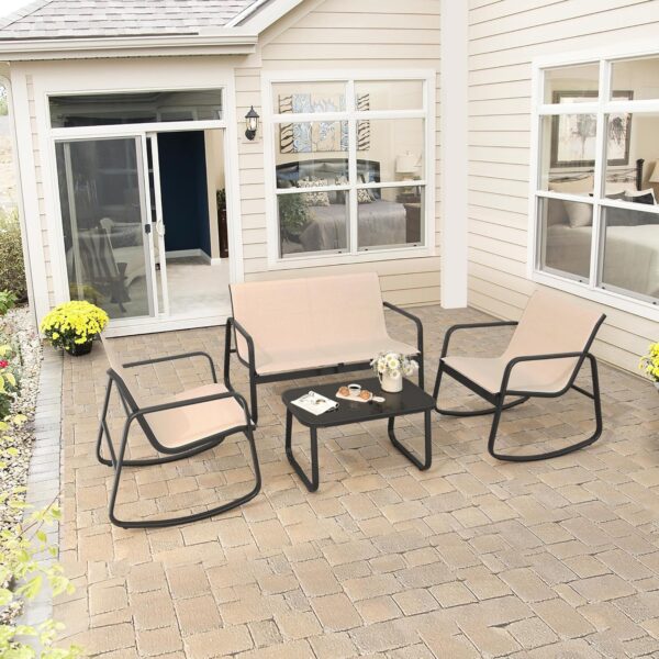 YITAHOME 4 Piece Patio Furniture Set, Small Backyard Bistro Rocking Chairs, Loveseat and Glass Table, Textilene Outdoor Conversation Set for Lawn, Garden, Balcony, Poolside (Brown) - Image 3
