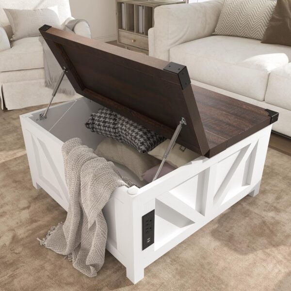Farmhouse Lift Top Coffee Table with Storage, Wood Square Center Table with Charging Station&USB Ports, Living Room Central Table w/Large Hidden Space, for Living Room, Bedroom, Home Office - Image 7