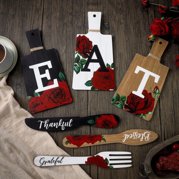 6 Pieces Cutting Board Kitchen Decor Red Rose Eat Sign Set Wooden Kitchen Knife Fork Spoon with Thankful Grateful Blessed Hanging Sign Rustic Farmhouse Wedding Wall Art for Wedding Home Decoration - Image 6