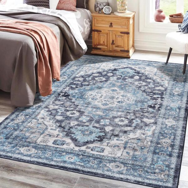 5x7 Area Rugs for Living Room,Non Slip Washable Vintage Boho Rugs Blue Area Rug Indoor Stain Proof Non-Shedding Carpet for Entryway Living Room Bedroom Kitchen(Blue) - Image 3