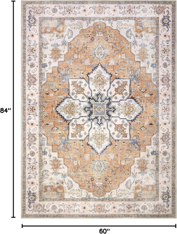 Area Rug for Living Room 5x7 - Vintage Washable Rugs Traditional Floor Carpet Soft Oriental Area Carpet Big Neutral Rug Low Pile Stain Resistant Rug for Bedroom Kitchen - Grey/Orange - Image 2