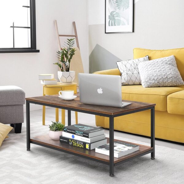 SUPER DEAL 2-Tier Industrial Coffee Table with Storage Shelf for Small Apartment Living Room, Rectangle Wood and Stable Metal TV Stand Side End Table, Rustic Brown - Image 4