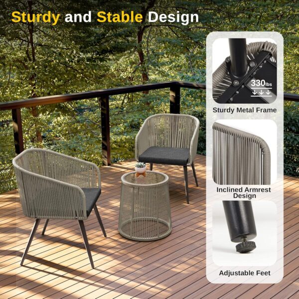 EAST OAK Breezeway Patio Furniture Set, 3-Piece Outside Bistro Set Handwoven Rattan Wicker Chairs with Waterproof Cushions, Tempered Glass Table, Outdoor Conversation Set, Light Grey & Dark Grey - Image 3