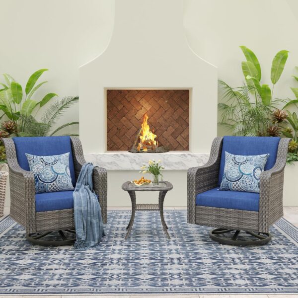3 Piece Outdoor Swivel Patio Rocker Chairs Bistro Set, Gray Wicker Patio Rocking Chairs with Small Side Table and Cushions for Porch, Outside, Pool, Deck, Yard, Garden