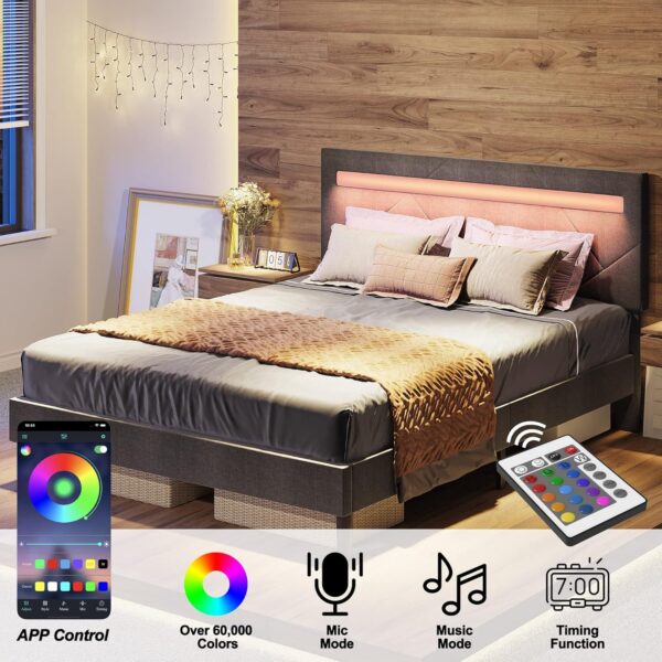 LIKIMIO Full Bed Frame with LED Lights(Smart APP Control), Upholstered Modern Platform Bed Frame, No Box Spring Needed/Noise-Free/Easy Assembly, Dark Grey - Image 3