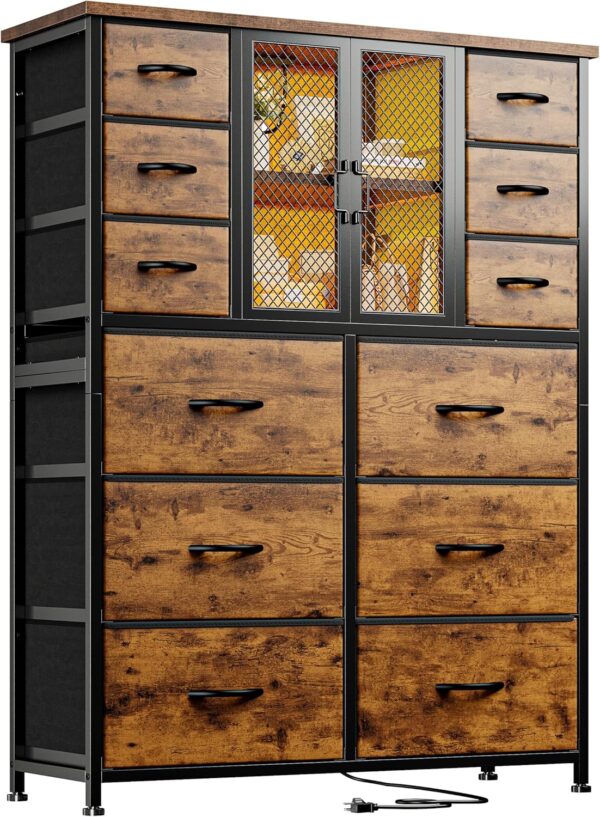 EnHomee Tall Dresser for Bedroom with Mesh Door 12 Drawer Dressers & Chests of Drawers for Closet with Power Outlets & LED Lights Large Dresser Organizer for Bedroom, Living Room,Rustic Brown