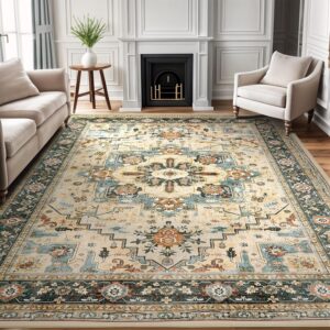 Large Area Rug for Living Room 9x12 - Machine Washable Soft Vintage Rug Oriental Area Carpet Thin Farmhouse Rugs Non Slip Floor Rug Low Pile Rug for Bedroom Dorm Office House Decor