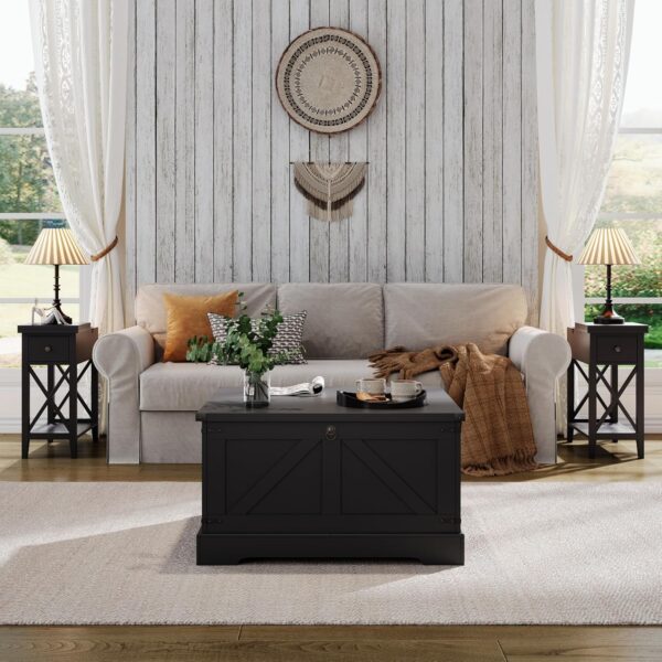 ChooChoo Farmhouse Coffee Table with Hidden Storage, Large Square Center Coffee Table with Lifting Top and Flip Drawer, Wood Rustic Cocktail Coffee Table for Living Room, Black - Image 6