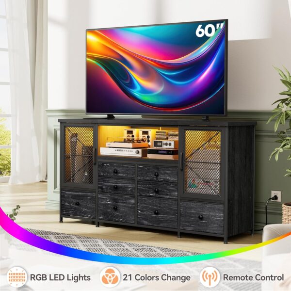 EnHomee Dresser for Bedroom with Power Outlets & LED Lights,Black Dresser for Bedroom with 8 Drawers& 2 Large Cabinet,Mesh Metal Door,60'' TV Stand Bedroom Dresser, Long Dressers & Chest of Drawers - Image 7