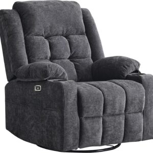 Power Swivel Rocker Recliner Massage Chair, USB and Type-C Ports, Electric Recliner Glider Reading Chairs Living Room, Upholstered Soft Fabric Reclining Sofa Chair (Dark Grey)