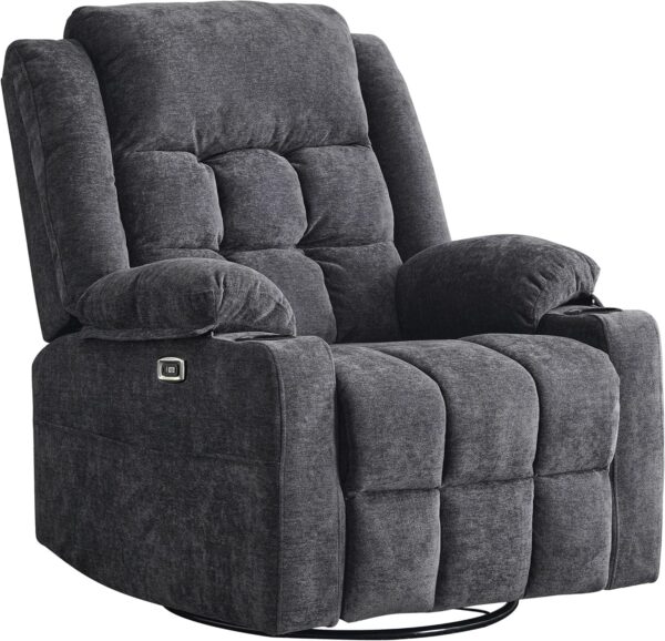 Power Swivel Rocker Recliner Massage Chair, USB and Type-C Ports, Electric Recliner Glider Reading Chairs Living Room, Upholstered Soft Fabric Reclining Sofa Chair (Dark Grey)