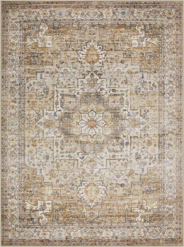 Area Rug 9x12 Living Room: Soft Large Washable Rugs with Non-Slip Rubber Backing Stain Resistant Modern Indoor Boho Vintage Carpet for Bedroom Dining Nursery Room Home Office (Beige/Brown) - Image 7