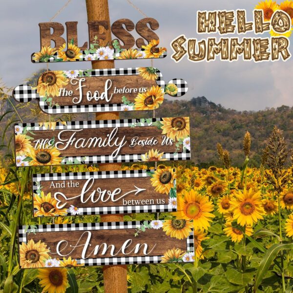 Sintuff Sunflower Kitchen Wall Decor Bless The Food Before Us Sign Farmhouse Kitchen Wooden Wall Signs Rustic Dining Room Wall Art Country Vintage Hanging Decoration for Home Room (Plaid Style) - Image 6