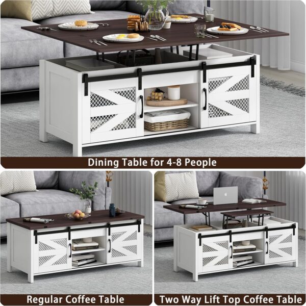 wanan 47.2" Lift Top Coffee Table, 4 in 1 Farmhouse Coffee Table with Sliding Barn Doors, Coffee Tables for Living Room, Dining Room (Grey) - Image 5