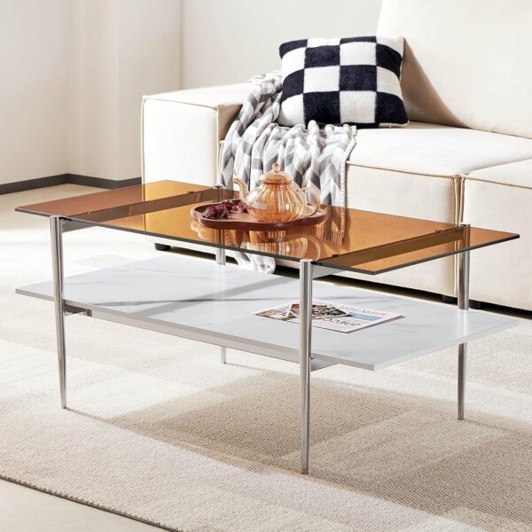AGV 202206 Tadio Glass Coffee Table, Double Layer Glass Coffee Table for Living Space, Gold Finish Frmae, Ultra-Clear Glass & Walnut Wood Top - Image 3