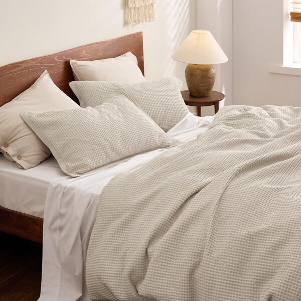 Bedsure Cotton Duvet Cover Queen Size - 100% Cotton Waffle Weave Beige Duvet Cover, Soft and Breathable Queen Duvet Cover Set for All Season (Queen, 90"x90") - Image 3