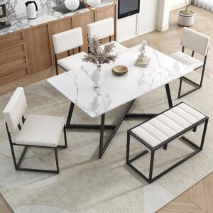 Merax 7-Piece Dining Table Set, 76.9inch Extendable Trestle Dining Table with Removable Leaf, Kitchen Table Set with Upholstered Side Chair and Arm Chair, Dining Table Set for 6 (White)