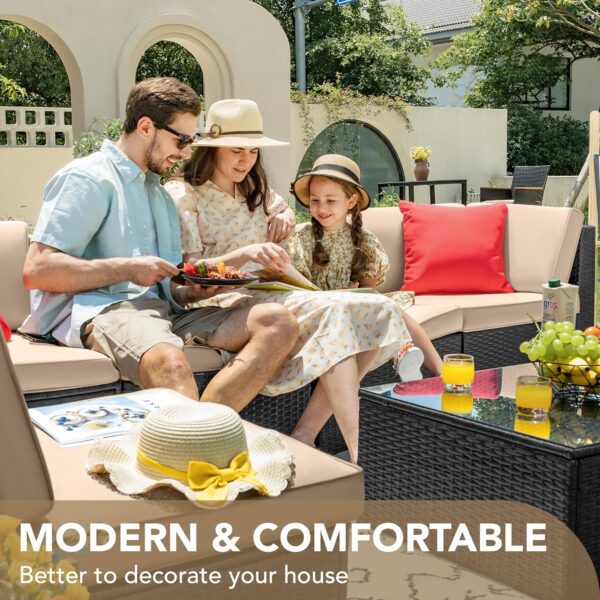 Devoko 7 Pieces Outdoor Sectional Sofa Patio Furniture Sets Manual Weaving Wicker Rattan Patio Conversation Sets with Cushion and Glass Table (Beige) - Image 3