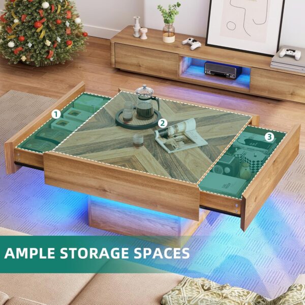 YITAHOME Farmhouse Coffee Tables Square Coffee Table for Living Room Wood LED Coffee Table with Storage Modern Living Room Tables with 2 Drawers,Brown - Image 6