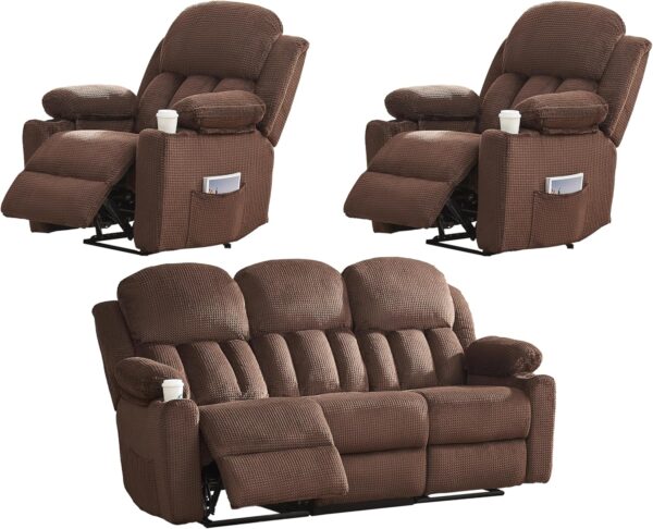 Jocisland Recliner Couch, Reclining Sectional Sofa with Cup Holders, Recliner Sofa Set with Dual Wingback, 3 Piece Recliner Sofas for Living Room(Brown) - Image 7