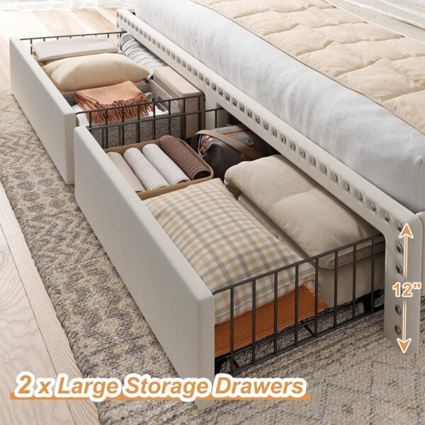 EnHomee Queen Bed Frame with Headboard and Storage, Upholstered Queen Bed Frame with Storage, Queen Size Bed Frame with 2 Drawers, Queen Size Bed Frame with Storage, NO Noise,No Box Spring Needed - Image 4
