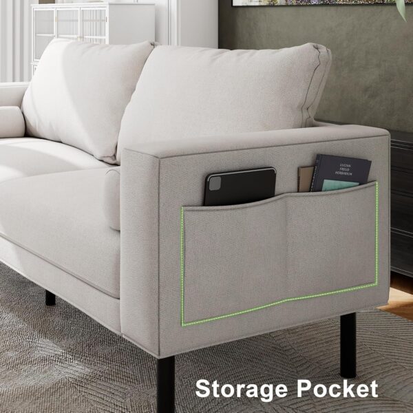 Feonase 88" Sofa Couch, Mid-Century Modern Sofa for Living Room, Loveseat with 4 Side Storage Pockets & 2 Pillows, Heavy-Duty Metal Frame, Beige - Image 3