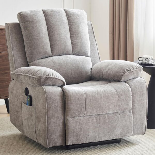 Power Recliner Chair with Massage and Heat, Overstuffed Electric Recliner for Living Room, Upholstered Soft Fabric Reclining Sofa Chair (Grey-Fabric)