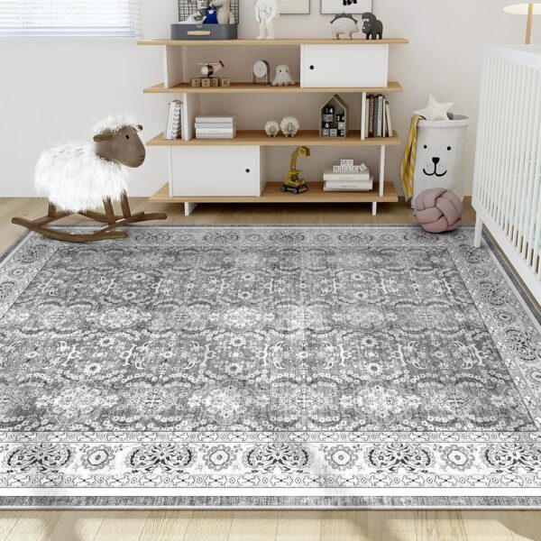 8x10 Area Rugs for Living Room: Vintage Boho Floral Print Rug, Ultra Thin Stain Resistant Washable Rug, Large Soft Non Slip Foldable Carpets for Bedroom Dining Room Office Nursery - Grey - Image 7