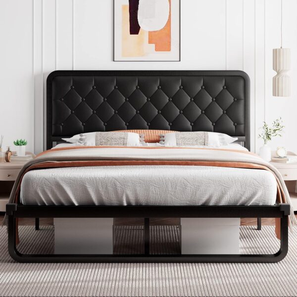iPormis Queen Size Metal Bed Frame with Faux Leather Headboard, Curved Platform Bed Frame, Thicker Metal Steel Slats Support, 12'' Under-Bed Space, Noise-Free, Easy Assembly, Black - Image 3