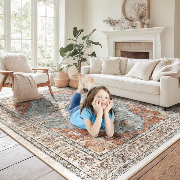 BESTSWEETIE Area Rug 8x10 Rugs for Living Room 8 x 10 Washable Rugs Non Slip Vintage Boho Living Room Rugs for Bedroom Dining Room, Distressed Floral Pattern Carpet, Green Brick Rust Red - Image 3