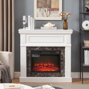 Electric Fireplace with Mantel, Portable Freestanding Wood Stove Heater, 23'' Electric Fireplace Insert,1400W Realistic 3D Flame Stacked Stone Surround, Remote Control (White, 41.34''W 40''H 14''D)