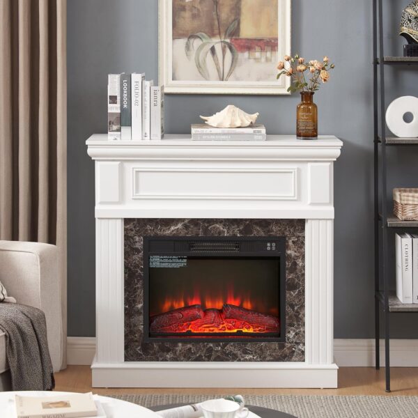 Electric Fireplace with Mantel, Portable Freestanding Wood Stove Heater, 23'' Electric Fireplace Insert,1400W Realistic 3D Flame Stacked Stone Surround, Remote Control (White, 41.34''W 40''H 14''D)