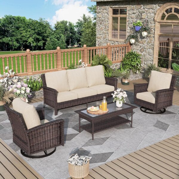 4-Piece Patio Furniture Set, Oversized Outdoor Wicker Sofa with Swivel Chairs and Coffee Table, Sectional Rattan Outdoor Conversation Set for Poolside Backyard Deck, Beige