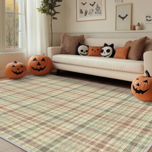 8x10 Area Rugs, Plaid Print Living Room Rug Non-Slip, Machine Washable Large Area Rug, Soft Modern Rug for Bedroom, Dining Room, Playroom, Ivory/Multi