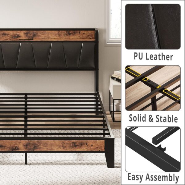 LIKIMIO Queen Bed Frame, Storage Headboard with Charging Station, Solid and Stable, Noise Free, No Box Spring Needed, Easy Assembly (Vintage and Black) - Image 6